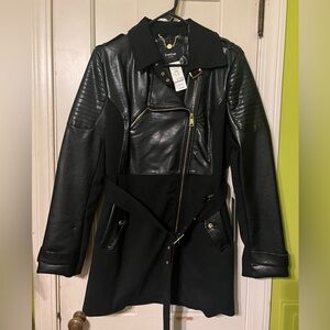 BEBE pea coat trench Faux leather moto jacket women large